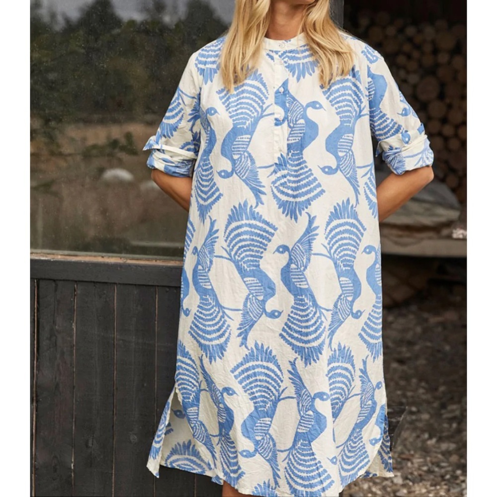 NWT Masai Copenhagen Natmas Cotton Shirt Dress Quiet Harbor Bird Print sz S - Picture 4 of 7